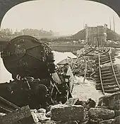 B&W photo of a train in a river