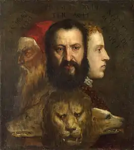 Titian, Allegory of Prudence (c. &nbsp;1565–1570): The three human heads symbolise past, present and future, the characterisation of which is furthered by the triple-headed beast (wolf, lion, dog), girded by the body of a big snake.