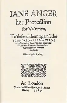 Title page Jane Anger her Protection for Women 1589