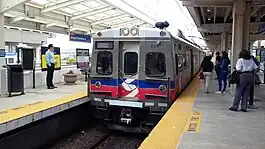 An Airport Line train bound for Center City Philadelphia stops at the Airport Terminal A station