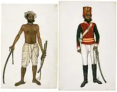 Kala, the Sepoy, with Saber Drawn and in Uniform. Two miniatures from the Fraser Album. Delhi, 1815–1816. The David Collection