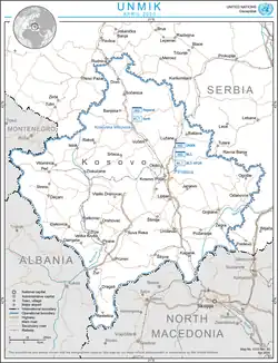 Kosovo&nbsp;– the area encompassed by the black dashed line&nbsp;– as delineated by UN Security Council Resolution 1244.
