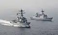 USS Wayne E. Meyer and ROKS Wang Geon in a bilateral exercise on 24 April 2017.