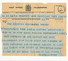 Telegram of 21&nbsp;June 1916 from David Lloyd George, Minister of Munitions, to Joseph Watson, Chairman of Barnbow Amatol shell-filling factory.