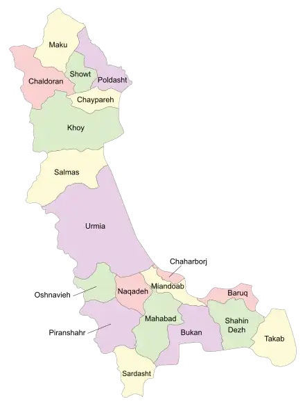 Location of Miandoab County in&nbsp;West&nbsp;Azerbaijan&nbsp;province (lower center, yellow)