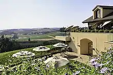 Willamette Valley Vineyards Estate Patio and Courtyard overlooking a vineyard