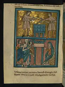 Bottom: When Samuel was weaned, Hannah and Elkanah brought him to the temple. (William de Brailes, c. 1250).