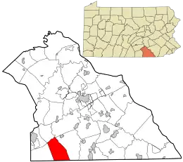 Location of Manheim Township in York County, Pennsylvania (left) and of York County in Pennsylvania (right)