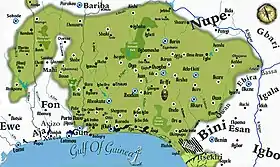 Map of a region extending inland from the Guinea Coast in West Africa encompassing parts of Nigeria, Togo and Benin