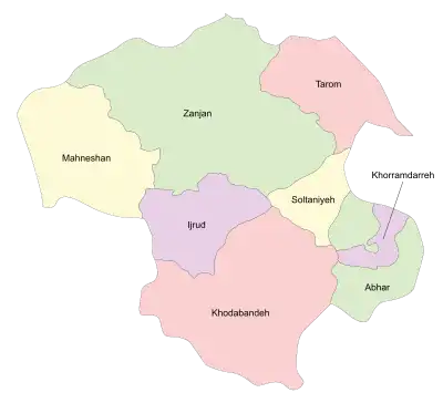 Location of Tarom County in&nbsp;Zanjan&nbsp;province (top, pink)