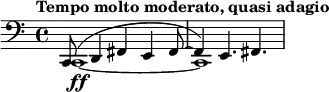 \relative c { \clef bass \tempo "Tempo molto moderato, quasi adagio" << { c,8 (d4 fis e fis8~ | fis4) e4. fis } \\ { c1~\ff | c1 } >> }